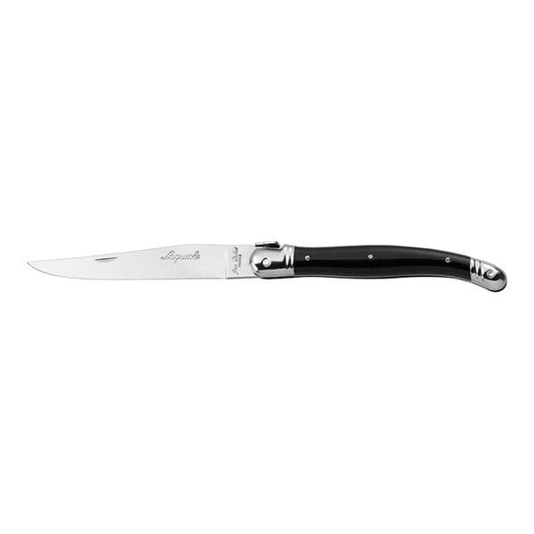 A Jean Dubost Laguiole stainless steel knife with a black handle.