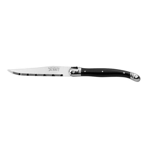 A Jean Dubost Laguiole stainless steel serrated steak knife with a black handle.