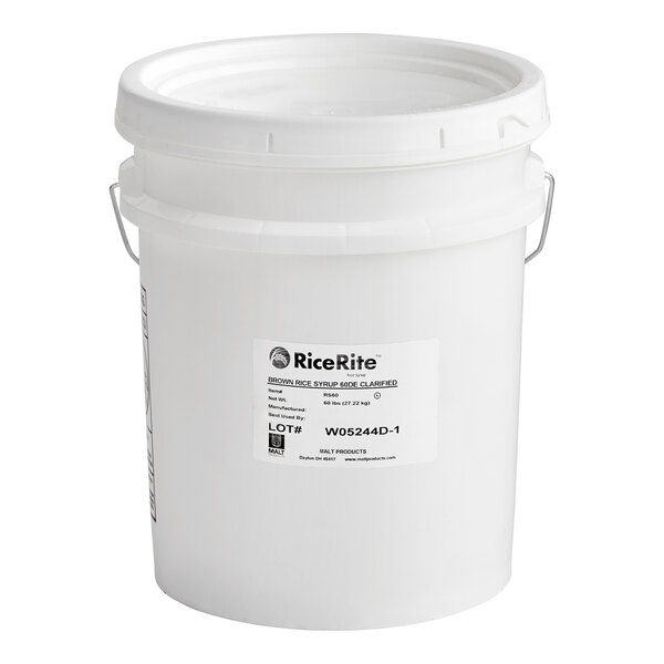 A white 5 gallon bucket of Malt Products RiceRite 60DE Rice Syrup with a label on it.