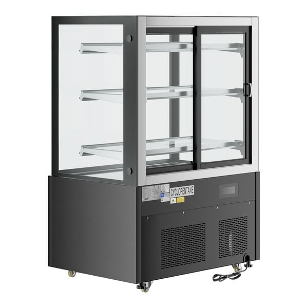 An Avantco black refrigerated bakery display case with glass doors and two shelves.