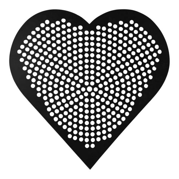 A black heart-shaped LloydPans pizza disk with a dot pattern of holes.