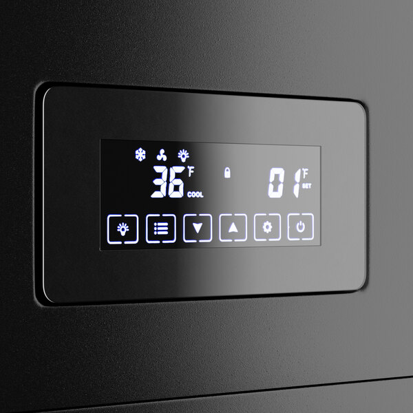 The digital display on a black Avantco refrigerated bakery case.