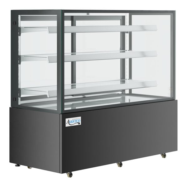 An Avantco black dry bakery display case with glass shelves.