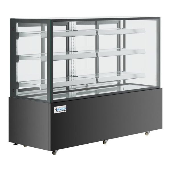 A Avantco refrigerated bakery display case with glass shelves.