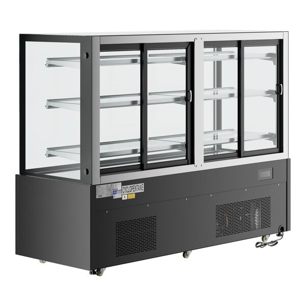 An Avantco black refrigerated bakery display case with two glass doors.