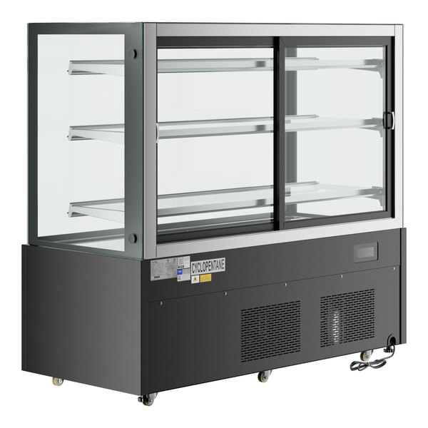 A black Avantco refrigerated bakery display case with glass doors.