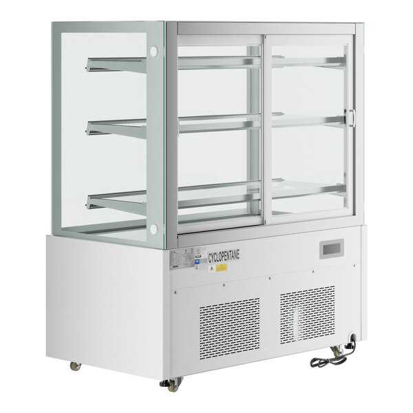 A white Avantco refrigerated bakery display case with glass doors.