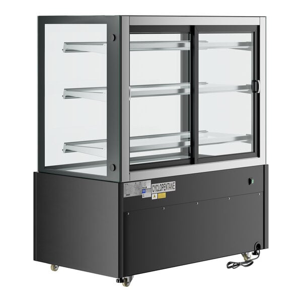 An Avantco black square dry bakery display case with glass doors.