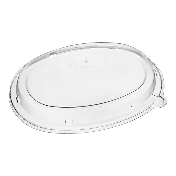 A clear plastic Tellus Products oval vented lid with a small hole in it.