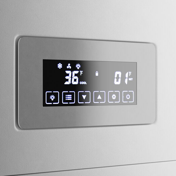 The white door of an Avantco refrigerated bakery display case with a digital display.