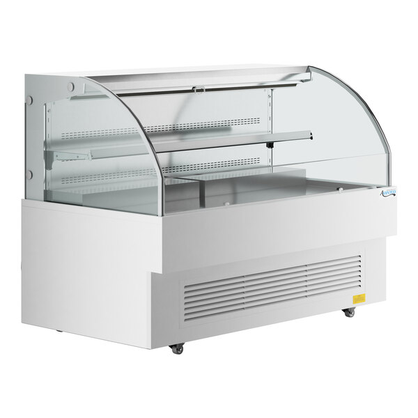 A white horizontal air curtain merchandiser with a glass top.