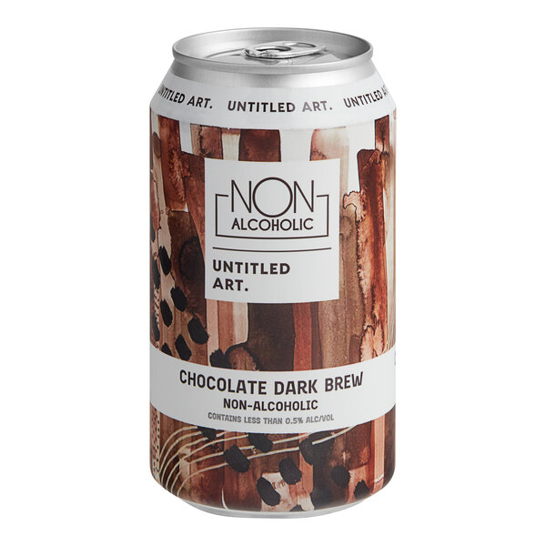 A 6-pack of Untitled Art Non-Alcoholic Chocolate Dark Brew cans. A close-up of a can with a picture of dark chocolate on it.