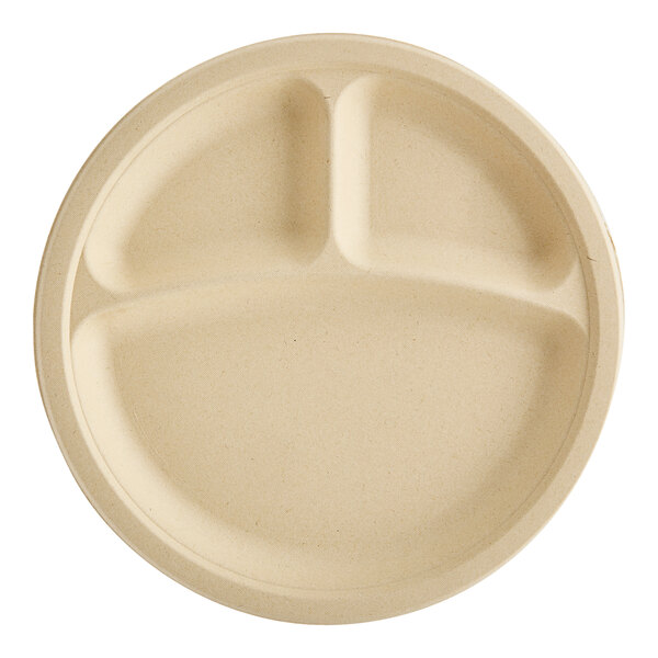 A white Tellus Products bagasse plate with three compartments.