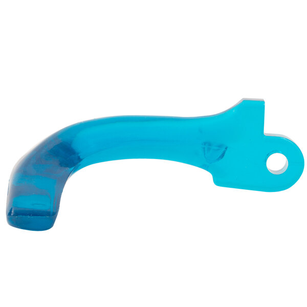 A blue plastic lever arm with a hole on a white background.