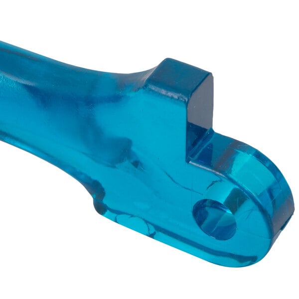 A close up of a blue Lexan lever arm with a hole in it.