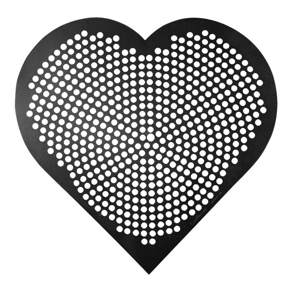 A black heart-shaped LloydPans pizza disk with a dot pattern of holes.