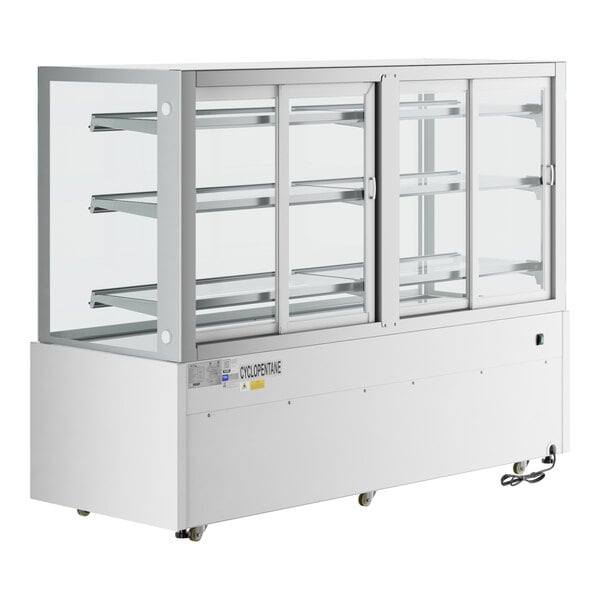 A white Avantco dry bakery display case with glass doors and three shelves.