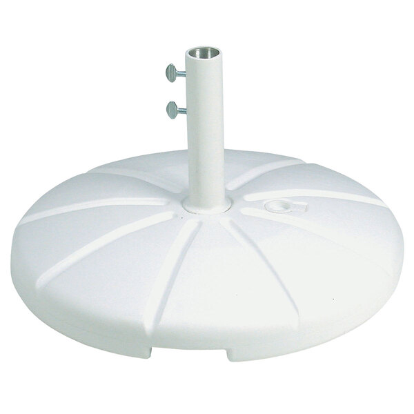 A white plastic Grosfillex umbrella base.