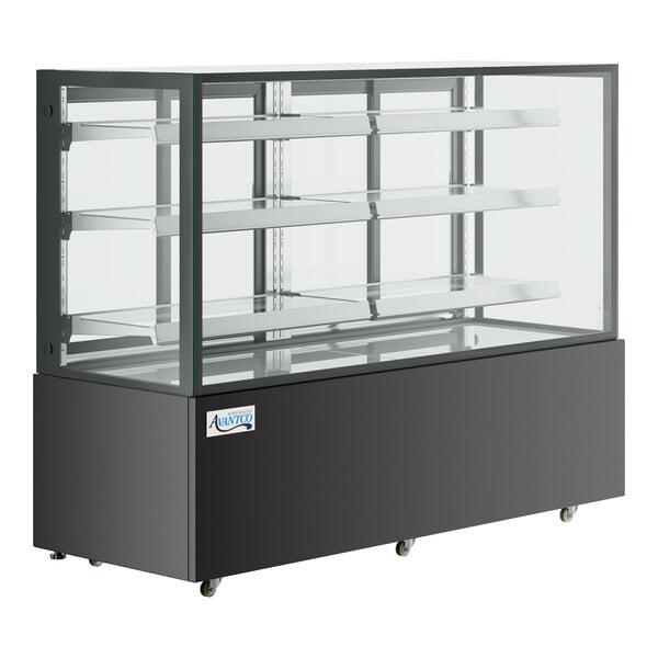An Avantco black dry bakery display case with glass shelves.