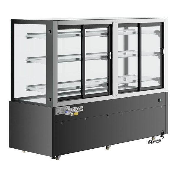 An Avantco black square dry bakery display case with glass doors and LED lighting on wheels.