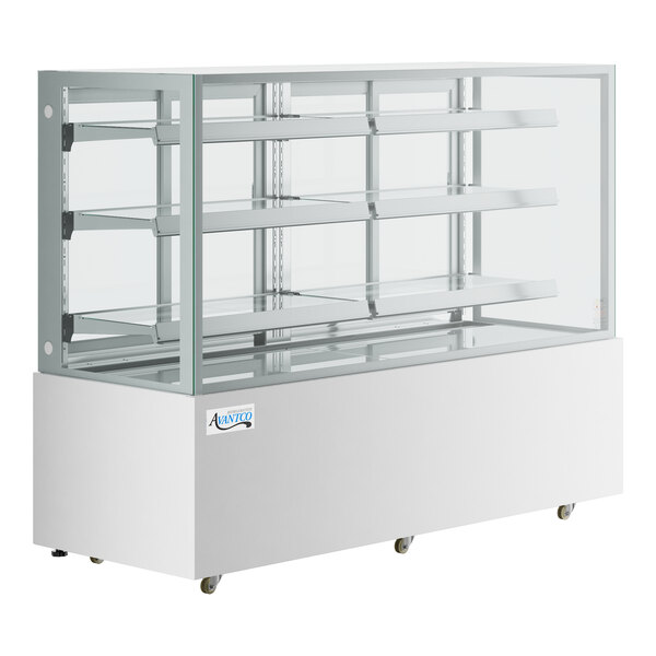 An Avantco white refrigerated bakery display case with glass shelves.