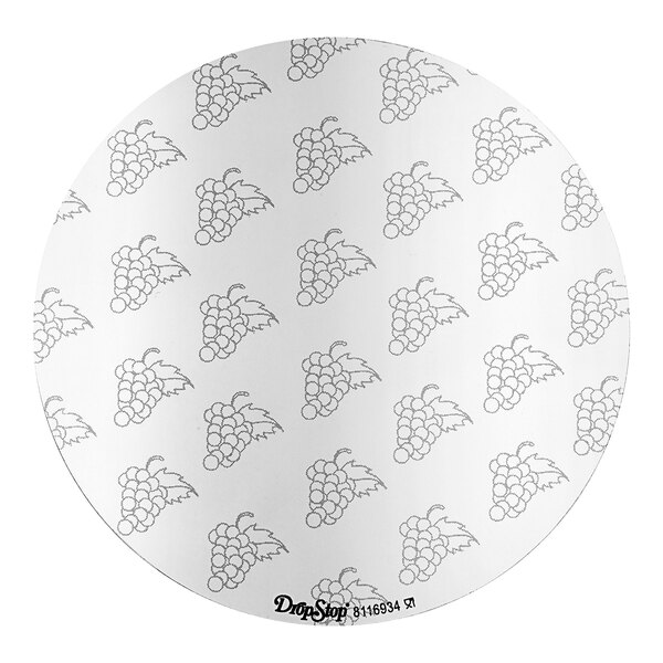 A white circular DropStop wine disc with grapes on it.