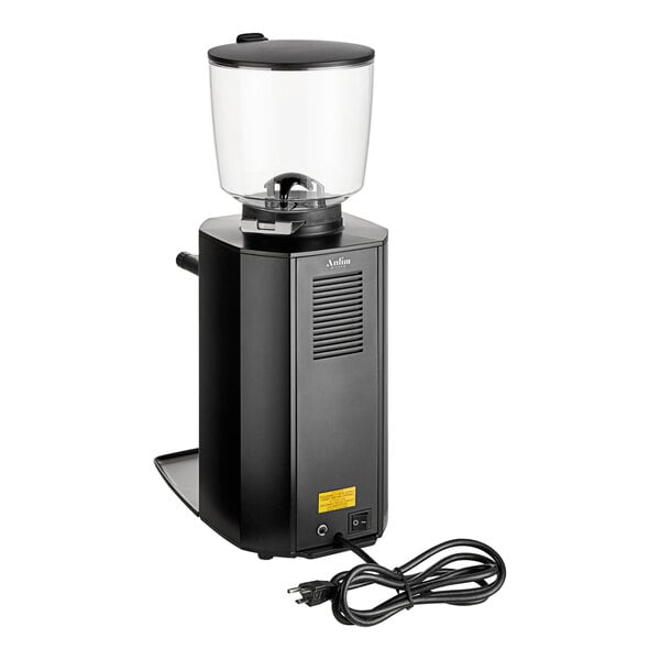 An Anfim Alba black on-demand espresso grinder with a cord attached.