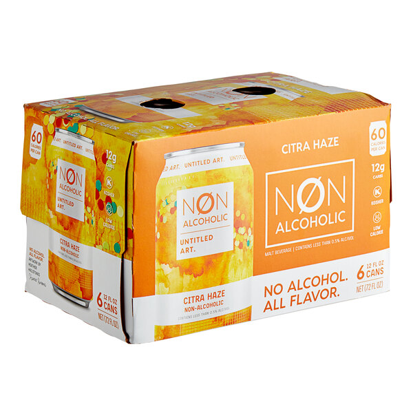 A 6 pack of Untitled Art Citra Haze non-alcoholic IPA with orange and white packaging.