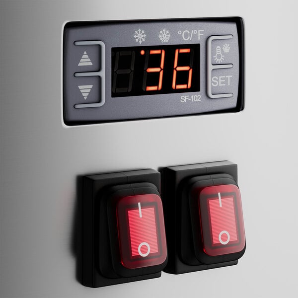 An Avantco black horizontal air curtain merchandiser with a digital display and switches.