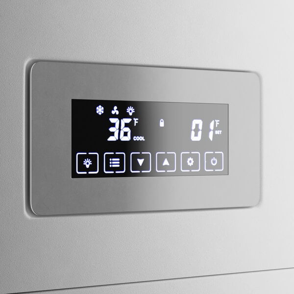 The white door of an Avantco refrigerated bakery display case with a digital display.