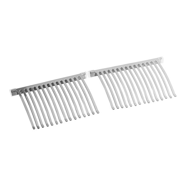 Two silver metal combs.