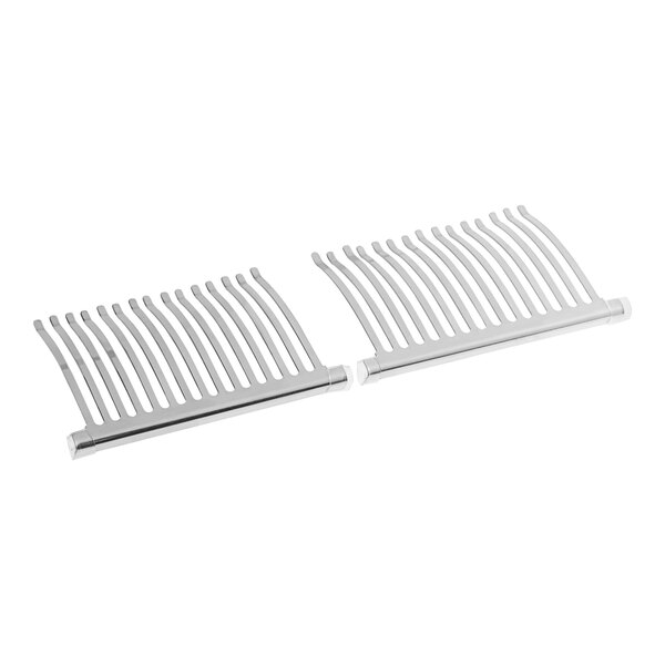 Two metal combs with silver handles.
