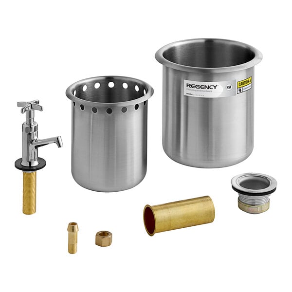 A stainless steel Regency dipper well with brass faucet and fittings.