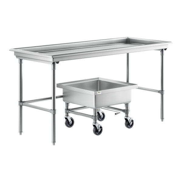 A Regency stainless steel sorting table with a mobile silverware soaking sink on a cart.