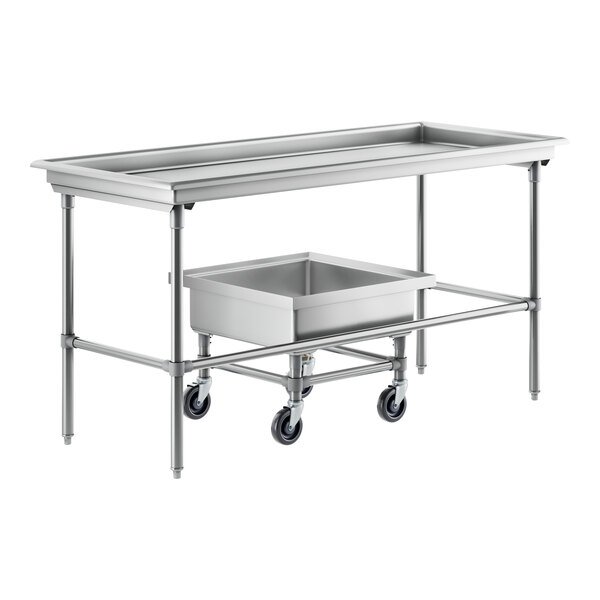 A Regency stainless steel sorting table with a silverware soaking sink on wheels.