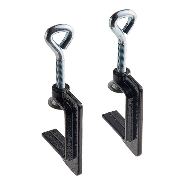 Two black metal C-clamps with screws on them.