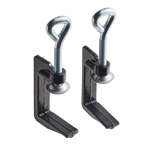 Two black metal C-clamps with screws on them.