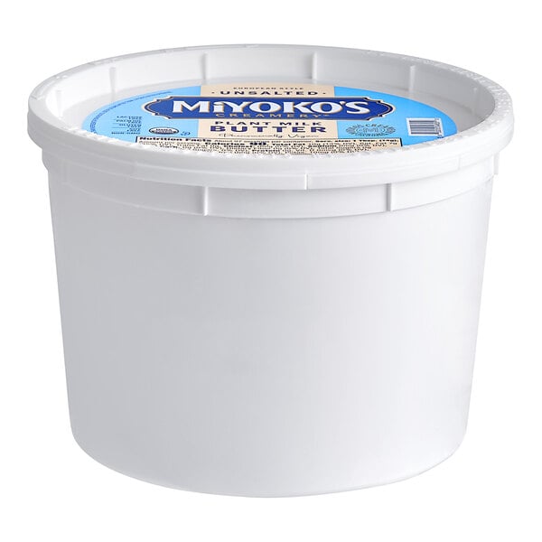 A white container of Miyoko's European-Style Cultured Vegan Butter with a blue label.