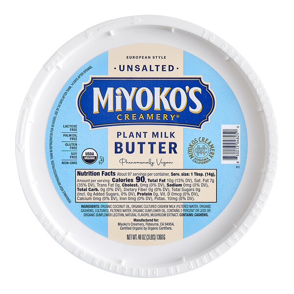 A white container of Miyoko's European-Style Cultured Vegan Butter with a blue and white label.