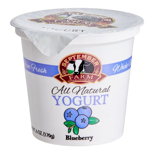 A white September Farm yogurt cup with blue and purple text filled with blueberry yogurt.