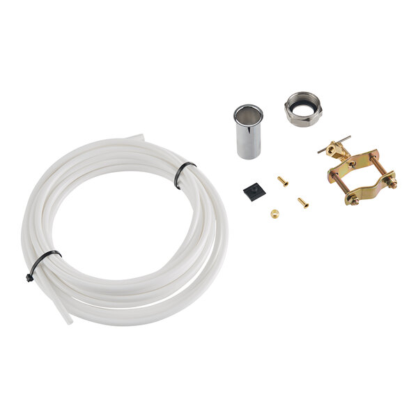 A white tube with brass and metal fittings.