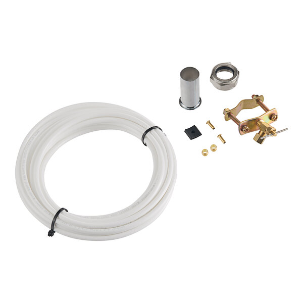 A white tube with a metal nut and a metal screw.