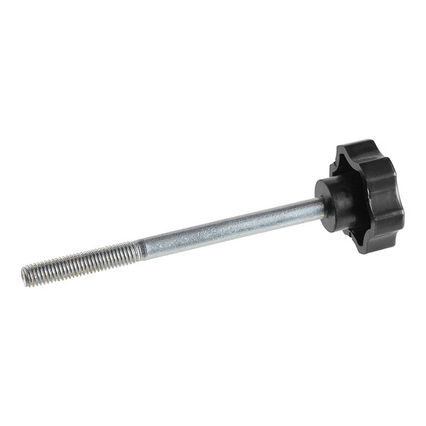 A black screw with a metal knob on top.