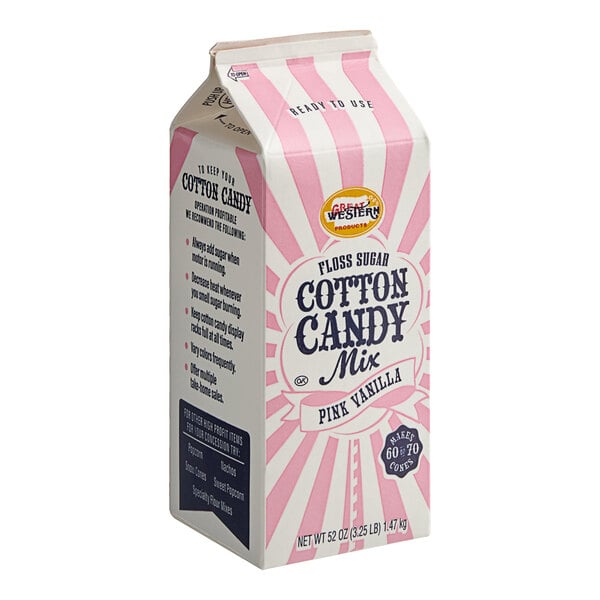 A white carton with pink and white text for Great Western Pink Vanilla Cotton Candy Floss Sugar.