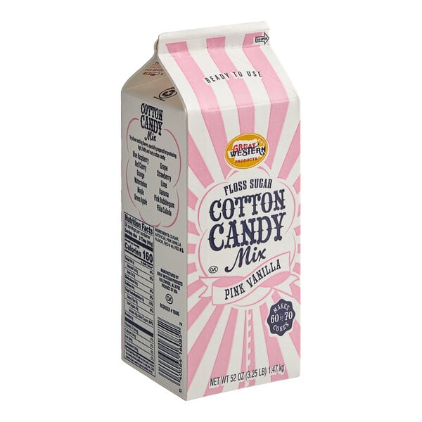 A pink and white Great Western carton of cotton candy floss sugar.