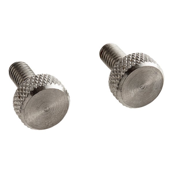 Two stainless steel thumbscrews with a white background.