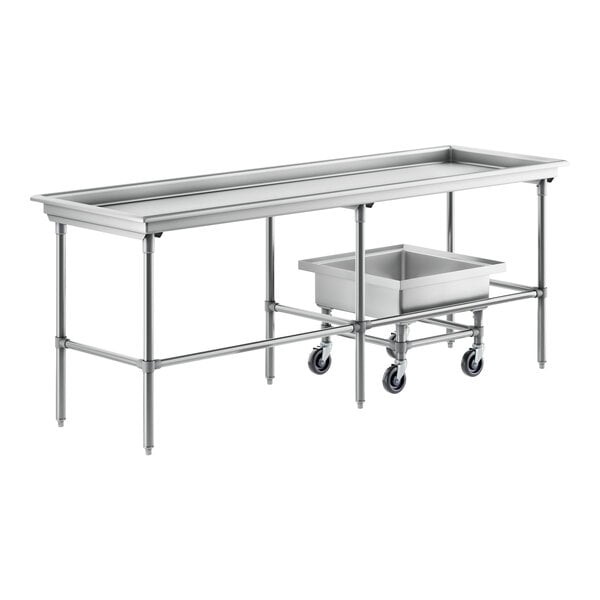 A Regency stainless steel sorting table with a mobile soaking sink.