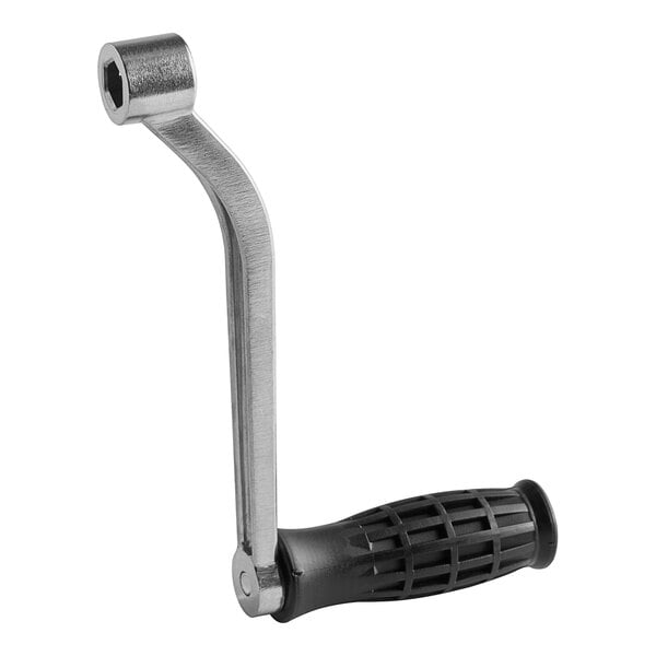 A metal handle for a Backyard Pro meat grinder.