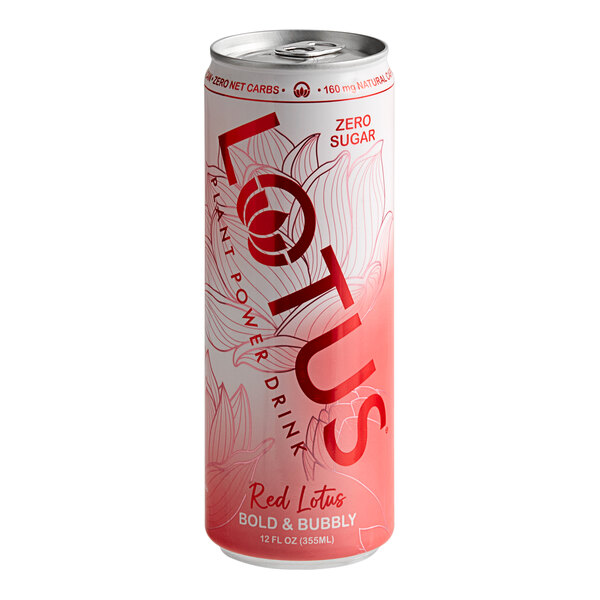 A close up of a Lotus Plant Power Red Energy Drink can with a red and white label.