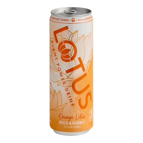 A tall, slim can with an orange and white floral design labeled 'Lotus Plant Power Drink' and 'Orange Lotus Bold & Bubbly.'